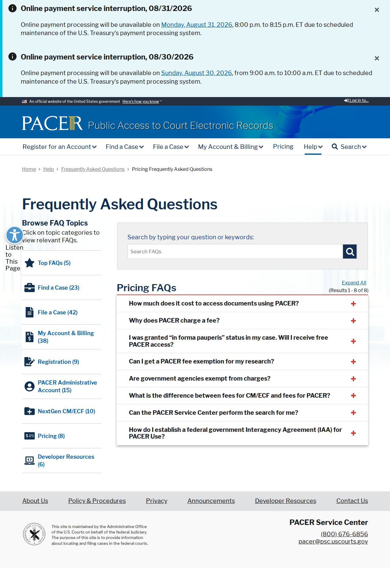 St. Clair County court record research source explaining federal PACER pricing