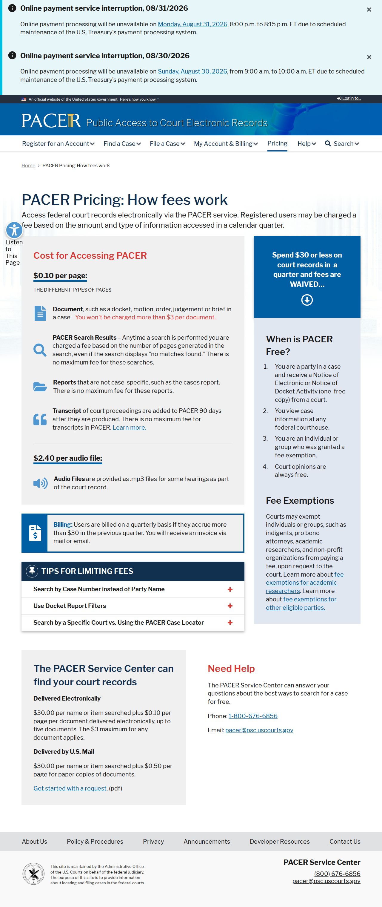 St. Clair County court record research source for PACER fee calculation